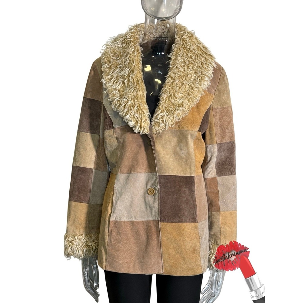 Outbrook Coat Womens Large Brown Leather Patchwork Jacket Faux Fur Pennylane